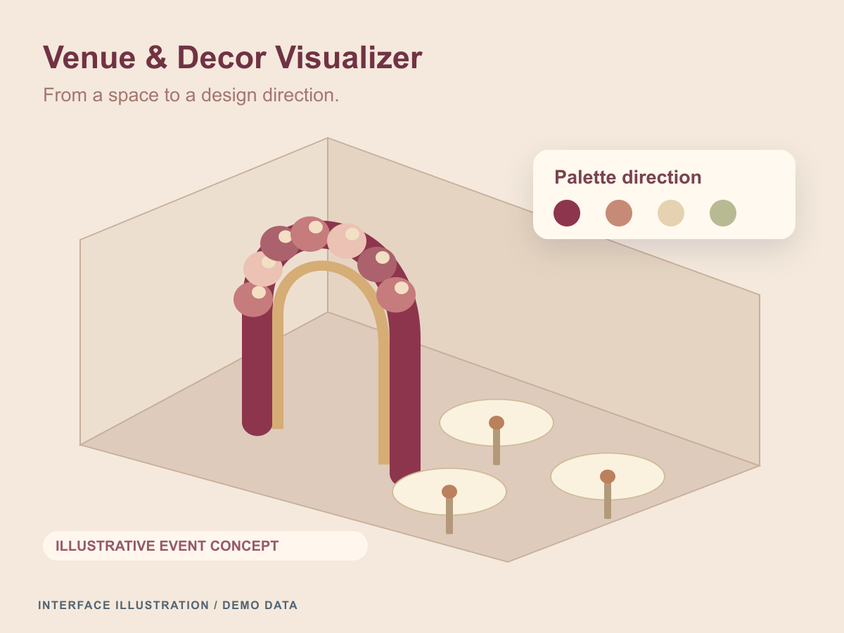 Original event-concept illustration with a decorated arch, round tables, and a coordinated colour palette.