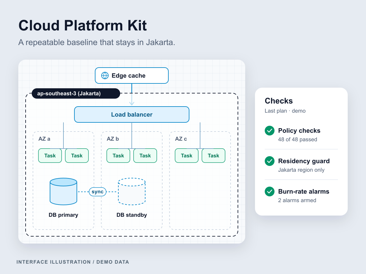 Platform illustration: an edge cache and a load balancer feed service tasks across three availability zones in the Jakarta region, a primary database syncs to a standby, and a checks panel lists policy checks, the residency guard and burn-rate alarms.