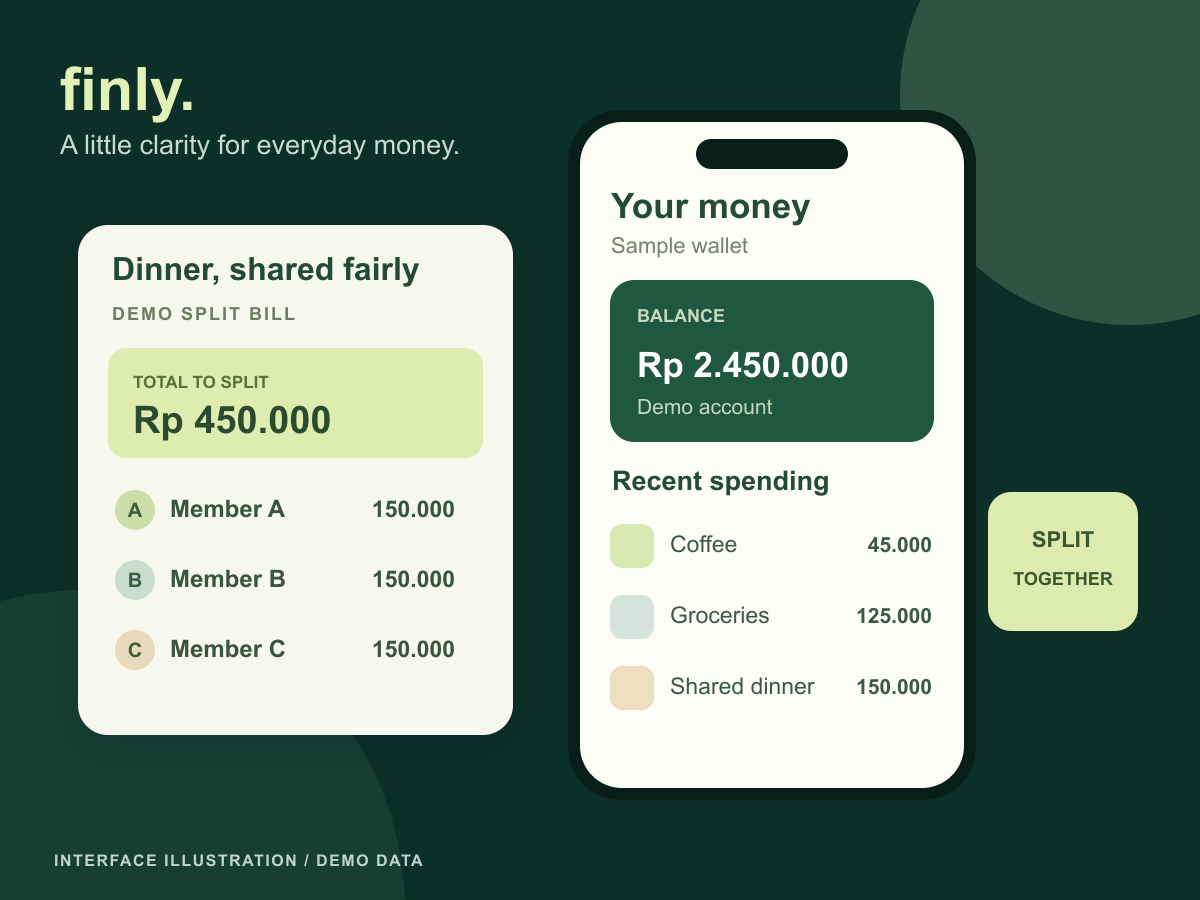 Finly illustration showing a sample personal wallet beside an equally shared dinner bill.