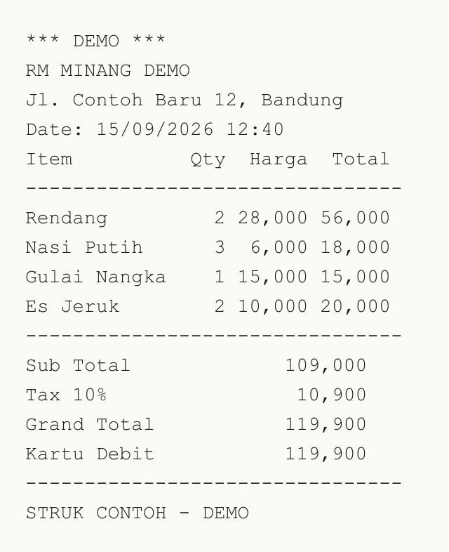 Synthetic restaurant test receipt marked DEMO, laid out in item, quantity, price and total columns with commas as thousands separators and a 10% tax line