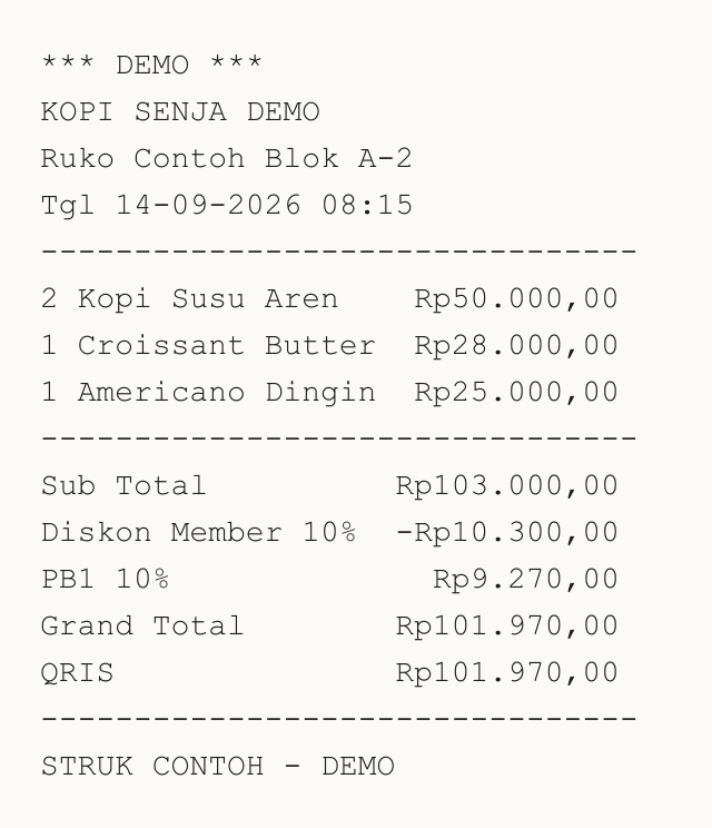 Synthetic coffee-shop test receipt marked DEMO, with a 10% member discount, PB1 10% and a grand total paid by QRIS