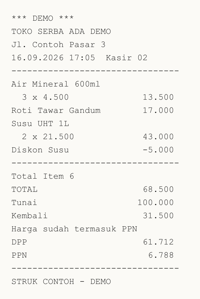 Synthetic minimarket test receipt marked DEMO, with a line discount and prices that already include VAT, shown as DPP and PPN lines under the total