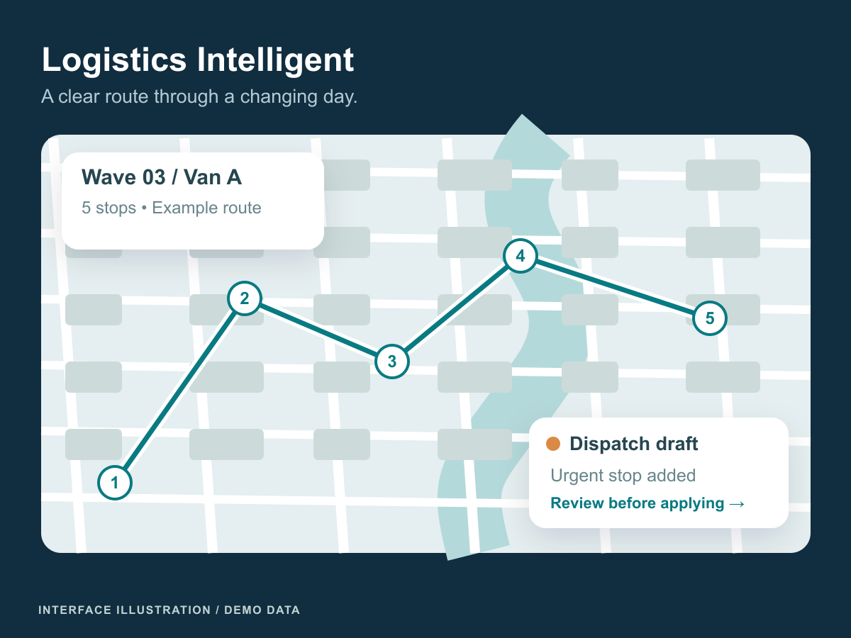 Dispatch illustration with a five-stop example route and an urgent change awaiting review.