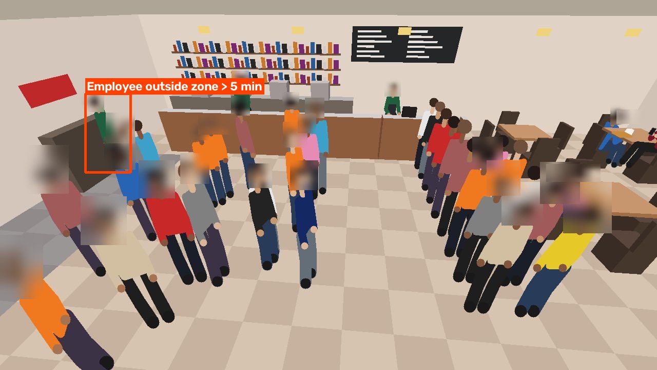 A synthetic cafe scene showing a work-zone alert around a stylised employee avatar