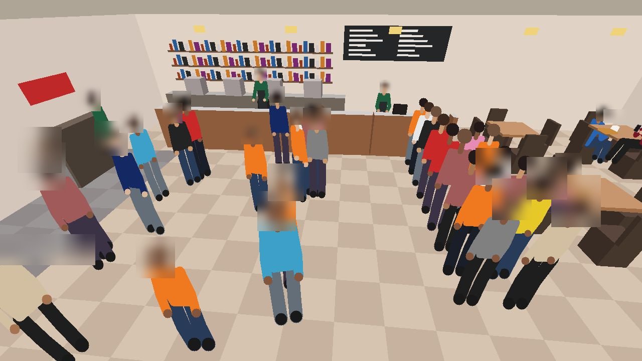 A synthetic cafe scene with stylised avatars demonstrating a busy occupancy scenario