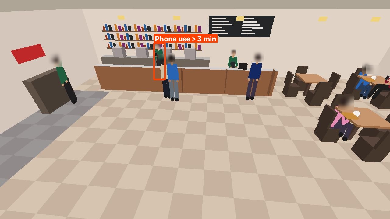 A synthetic cafe scene with stylised avatars and an example phone-use alert
