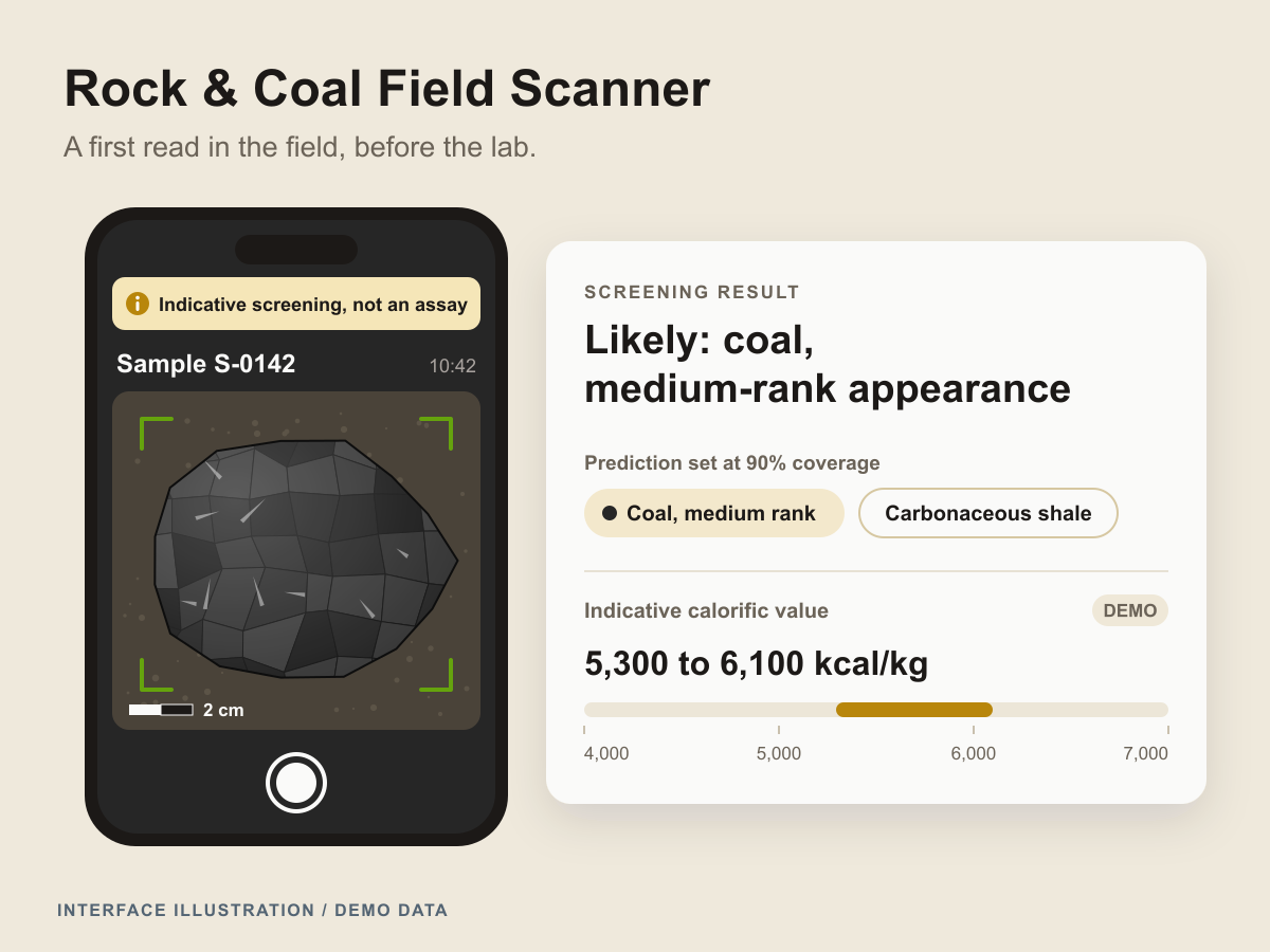 Field Scanner illustration: a phone frames a coal sample with a scale bar under an 'Indicative screening, not an assay' banner, beside a two-class prediction set and an indicative calorific range.