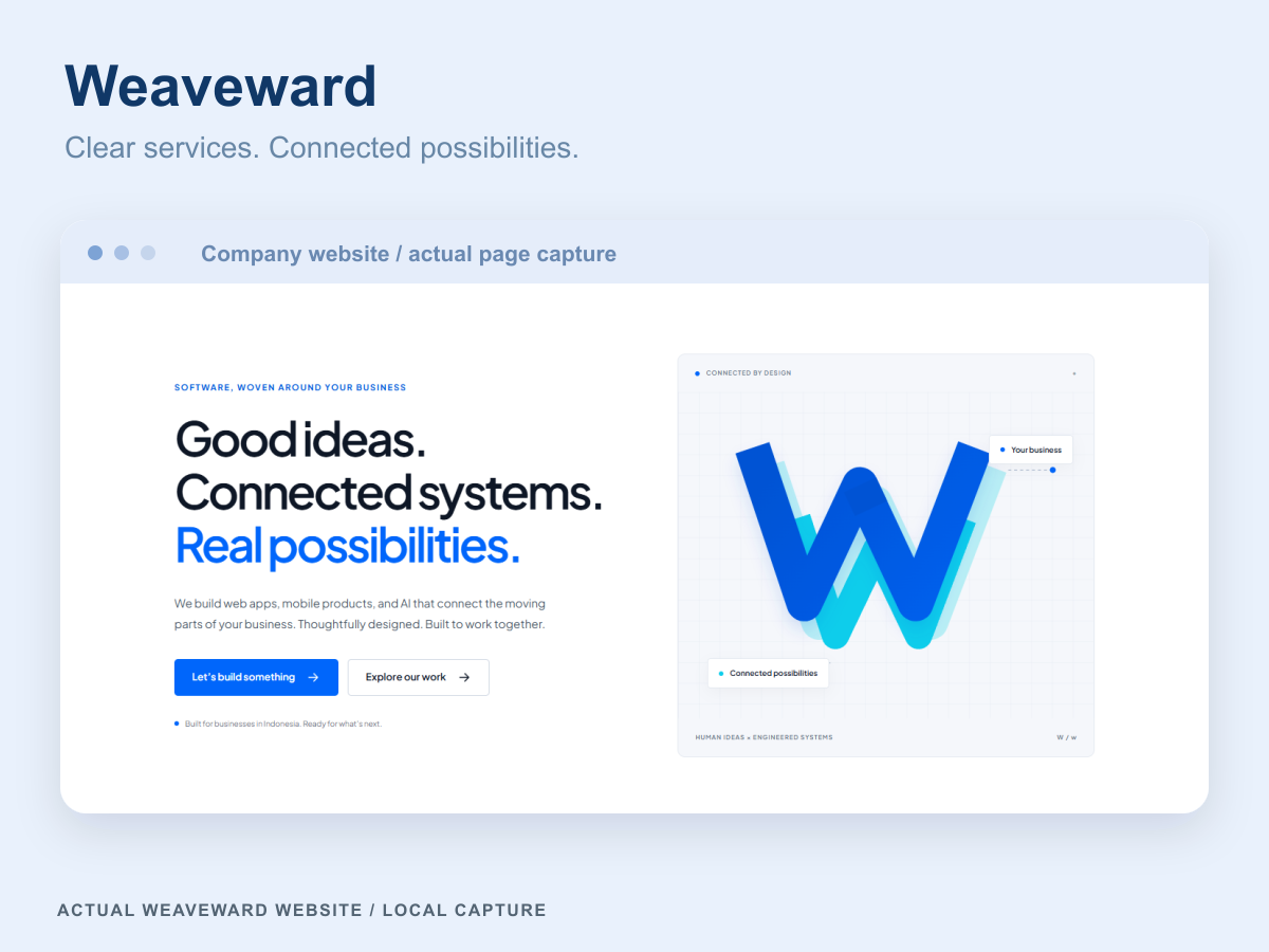 Actual locally captured Weaveward homepage with its service introduction and woven W brand visual.